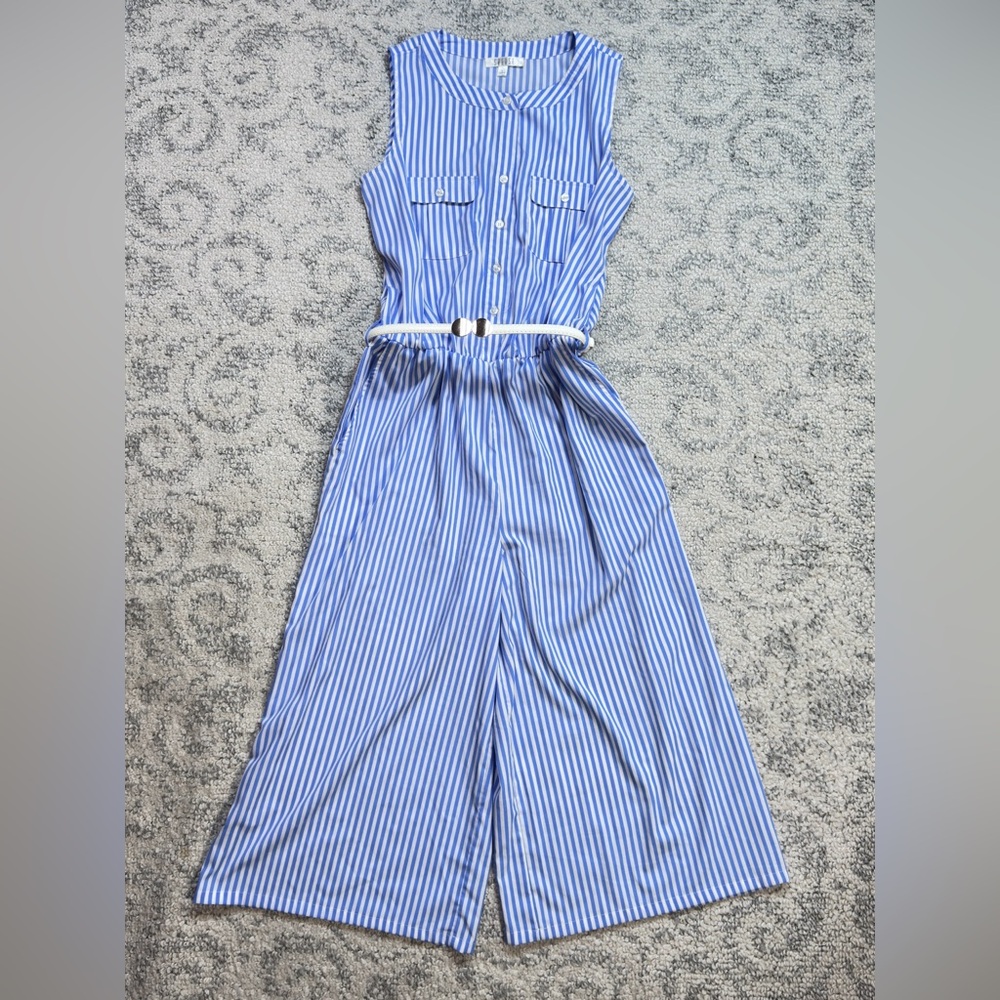 Spense Blue and White Striped‎ Sleeveless Jumpsuit with Belt